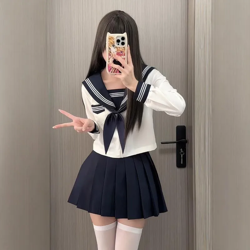 Preppy Style JK Uniform Set White Three Stripes Design Navy Blue Skirt Japanese School Inspired Basic Campus Outfit For Girls