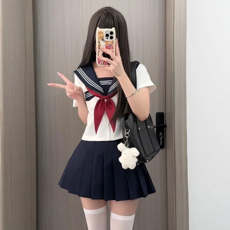 Preppy Style JK Uniform Set White Three Stripes Design Navy Blue Skirt Japanese School Inspired Basic Campus Outfit For Girls