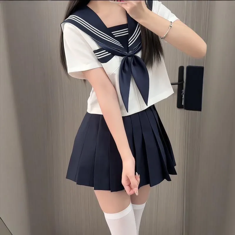 Preppy Style JK Uniform Set White Three Stripes Design Navy Blue Skirt Japanese School Inspired Basic Campus Outfit For Girls