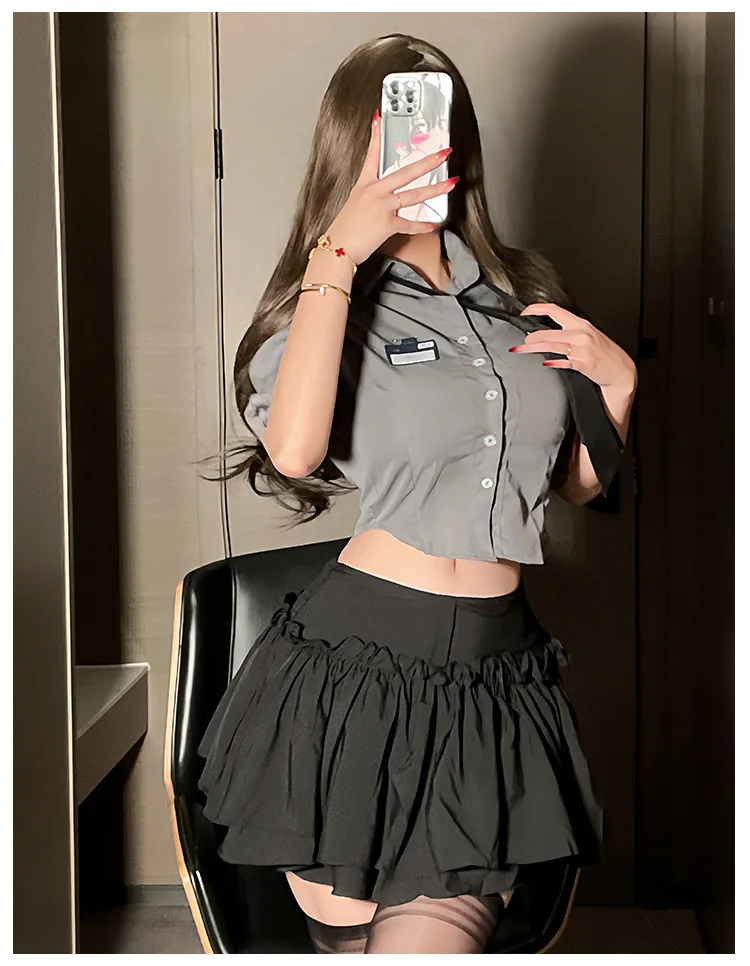 2024 New Sexy Pure Desire Lapel Single Breasted Short Sleeve Shirt Top+high Waisted Pleasted Short Dress Two Piece Set MC0K