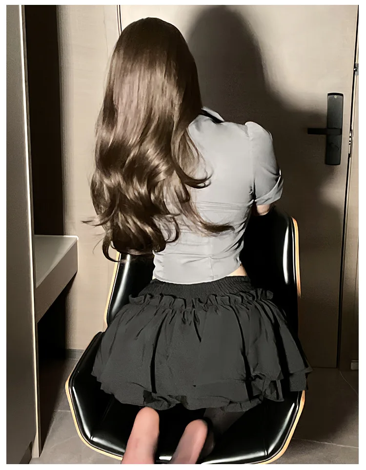 2024 New Sexy Pure Desire Lapel Single Breasted Short Sleeve Shirt Top+high Waisted Pleasted Short Dress Two Piece Set MC0K