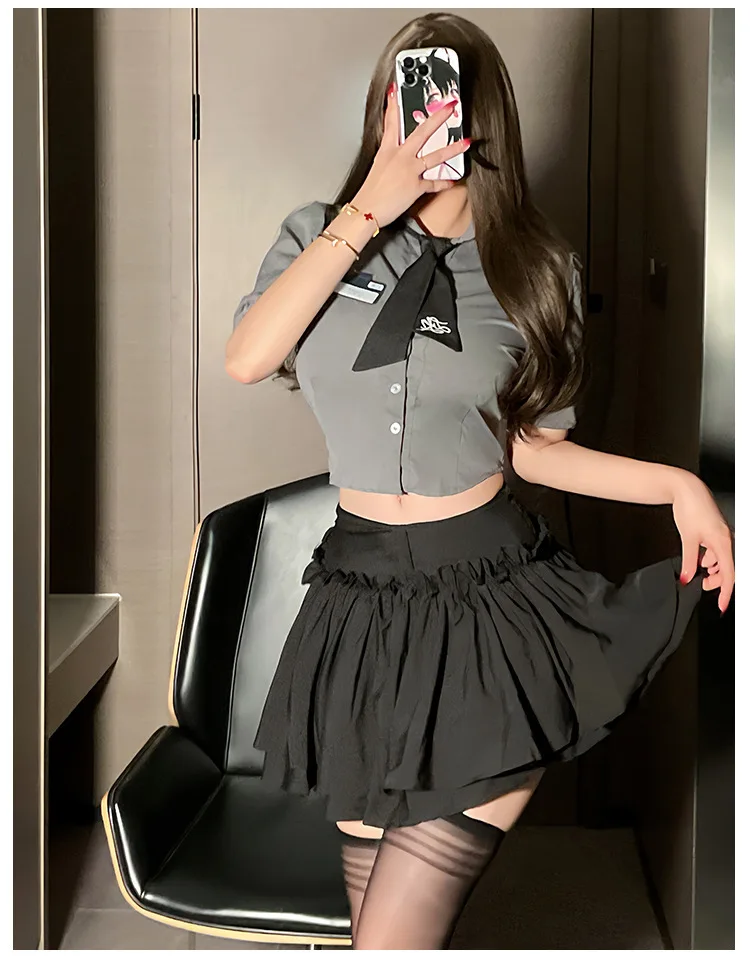 2024 New Sexy Pure Desire Lapel Single Breasted Short Sleeve Shirt Top+high Waisted Pleasted Short Dress Two Piece Set MC0K