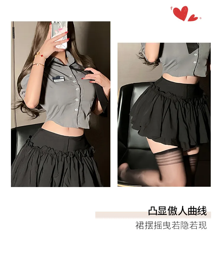 2024 New Sexy Pure Desire Lapel Single Breasted Short Sleeve Shirt Top+high Waisted Pleasted Short Dress Two Piece Set MC0K