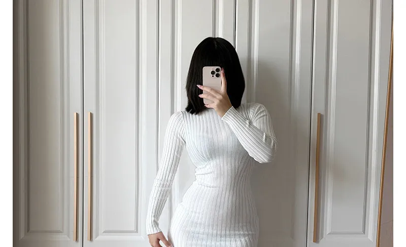 Women Transparent Sexy See Through Mini Dress Korean Outdoor Expose White Sheer Slim Fit Above Knee Longsleeve Crop Skirts