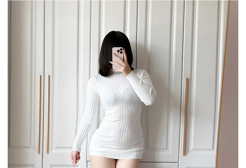 Women Transparent Sexy See Through Mini Dress Korean Outdoor Expose White Sheer Slim Fit Above Knee Longsleeve Crop Skirts