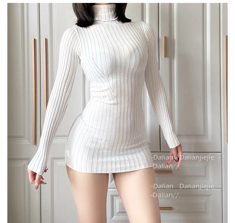 Women Transparent Sexy See Through Mini Dress Korean Outdoor Expose White Sheer Slim Fit Above Knee Longsleeve Crop Skirts