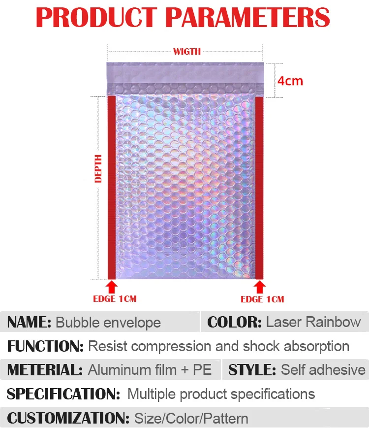 50Pcs Bubble Mailers Aluminized Foil Bags Laser Rainbow Shipping Envelope Self Seal Postal Bags Gift&Book Express Packaging Bags