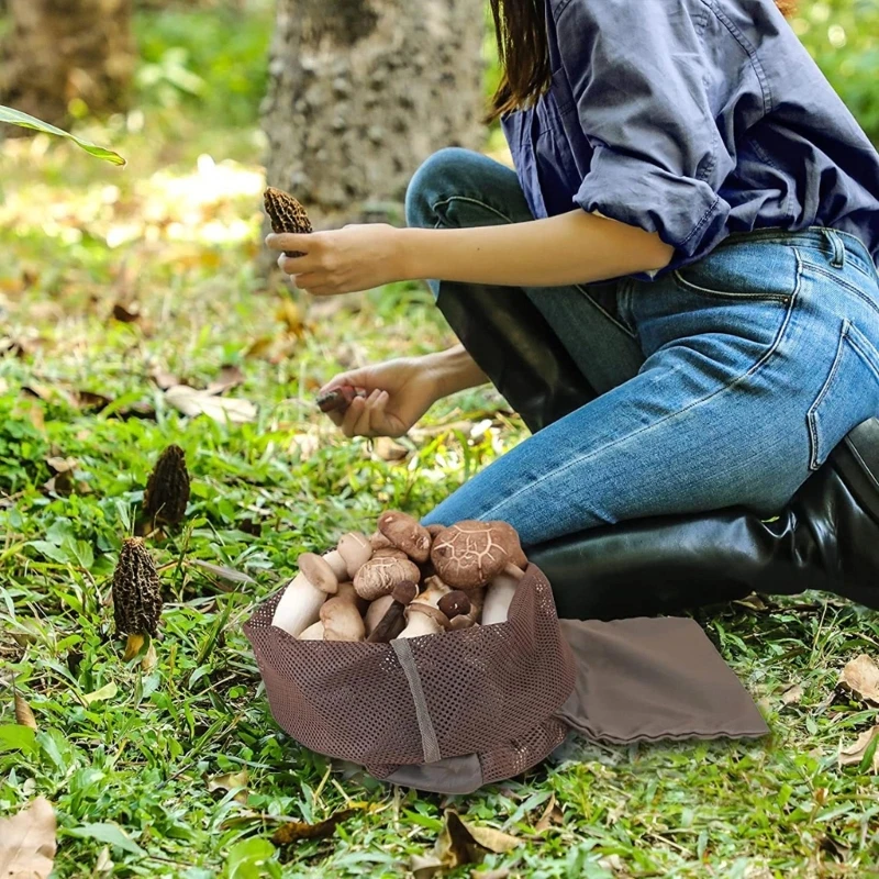 43*40cm Outdoor Camping Mushroom Picking Mesh Pouches Portable Mutifunction Brown Foraging Bag Kids Beach Toys Storage Organizer