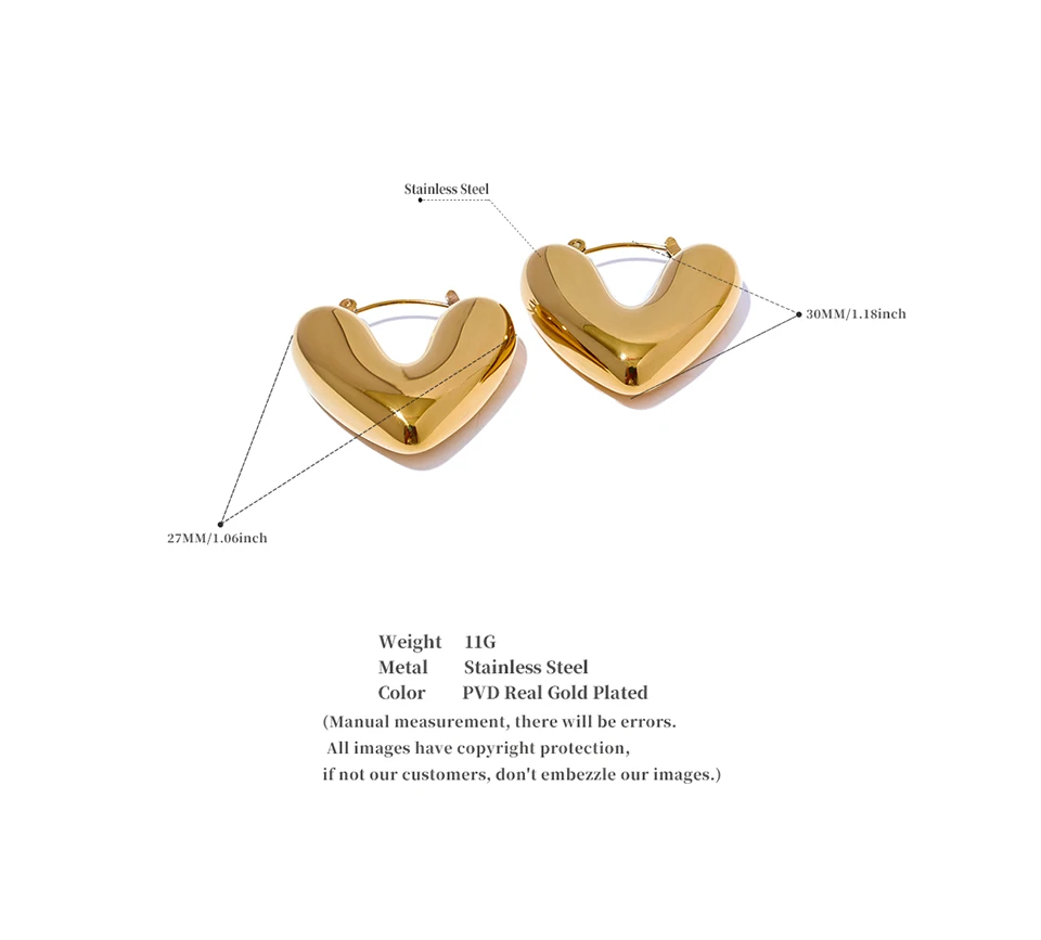 Yhpup Fat Fashion Stainless Steel Heart Chunky Hoop Earrings Charm Metal Texture Rust Proof Versatile Jewelry