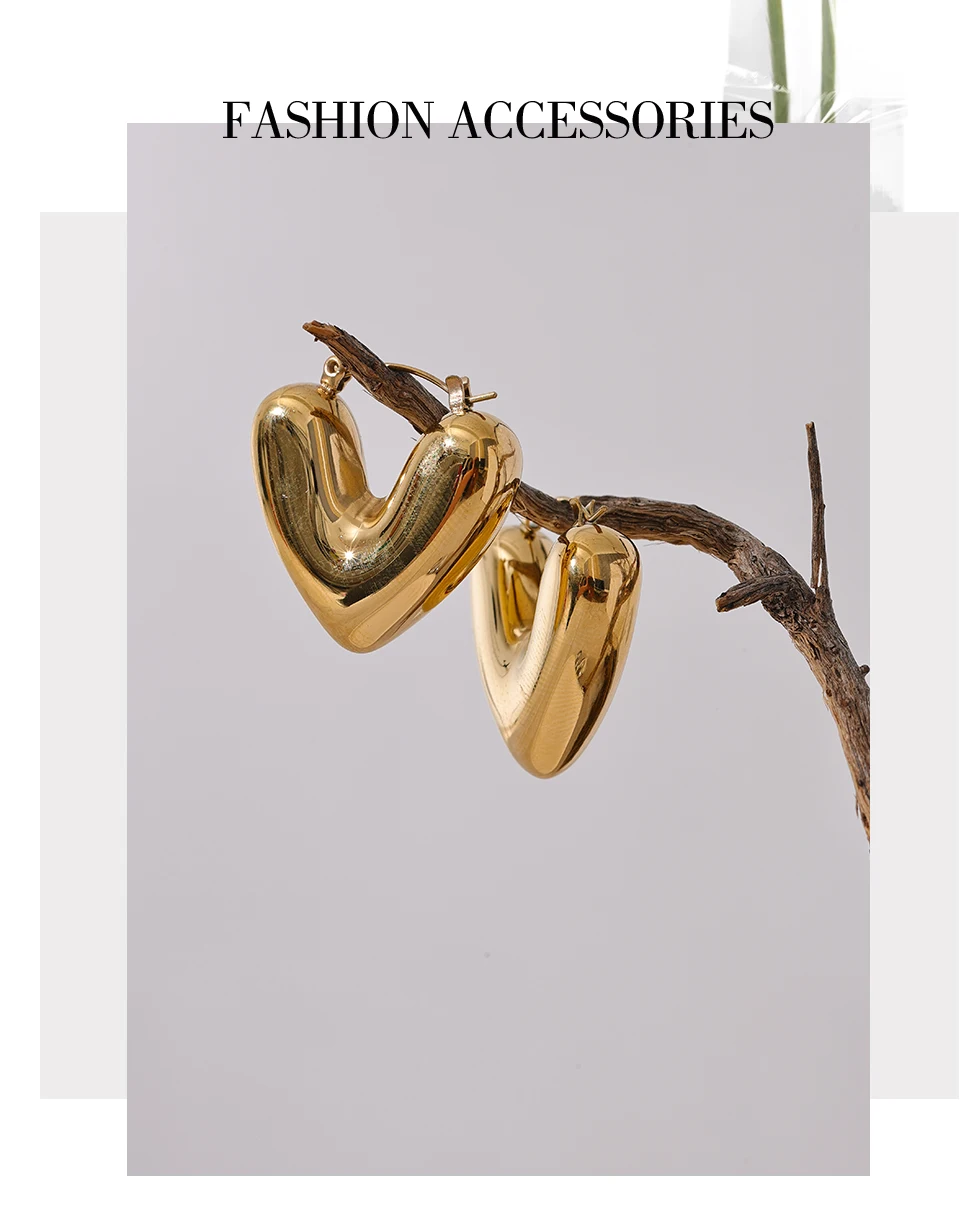 Yhpup Fat Fashion Stainless Steel Heart Chunky Hoop Earrings Charm Metal Texture Rust Proof Versatile Jewelry