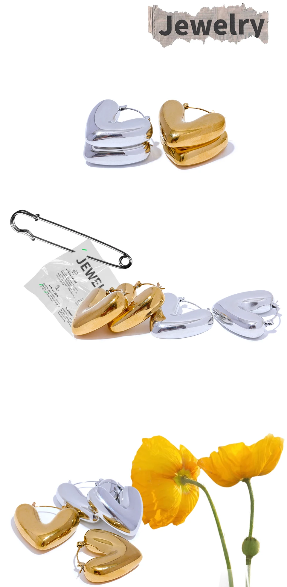 Yhpup Fat Fashion Stainless Steel Heart Chunky Hoop Earrings Charm Metal Texture Rust Proof Versatile Jewelry