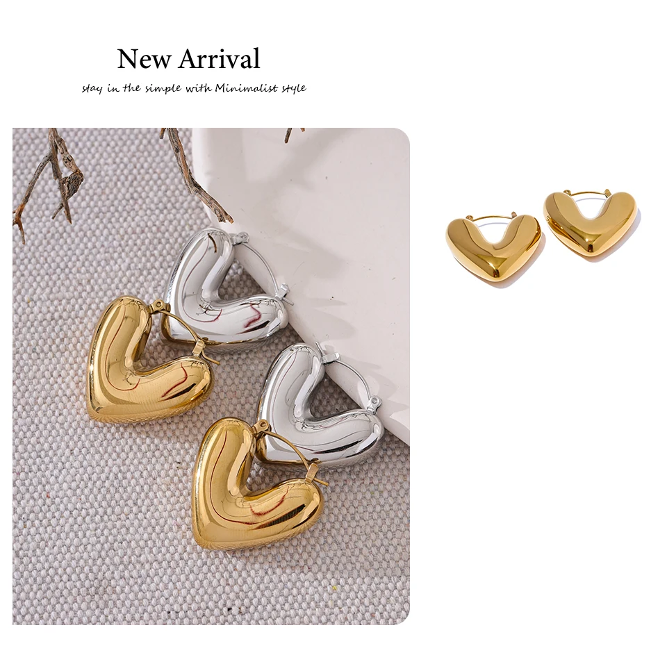 Yhpup Fat Fashion Stainless Steel Heart Chunky Hoop Earrings Charm Metal Texture Rust Proof Versatile Jewelry