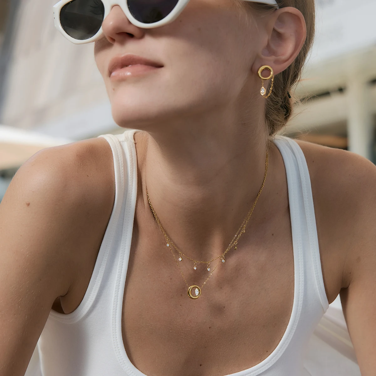 Youthway New Chic 18K Gold PVD Plated Zircon Round Necklace Earring Set For Women Fashion Stainless Steel Waterproof Jewelry