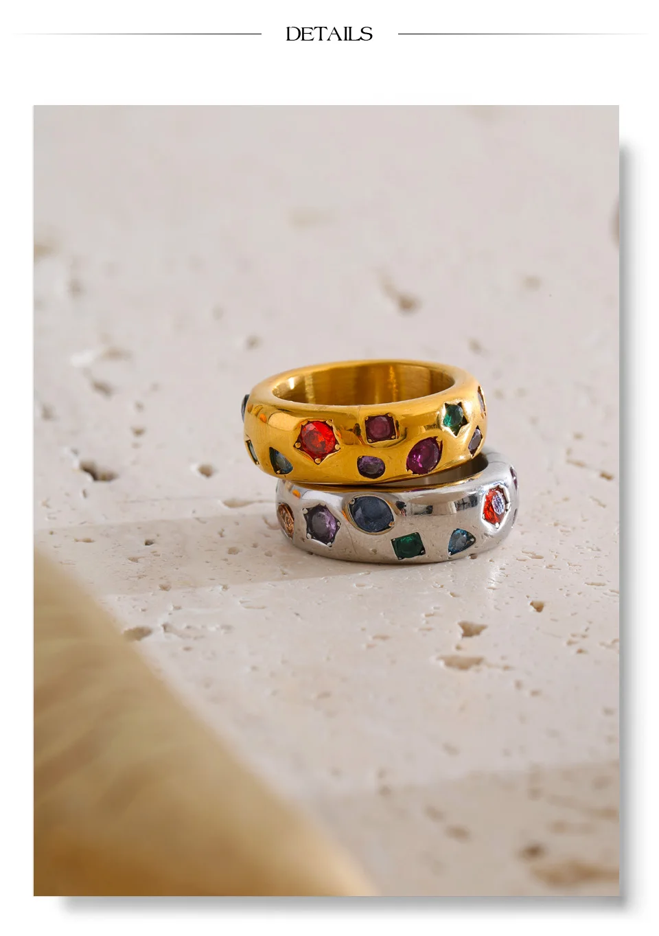 Yhpup Size 6789 Stainless Steel Colorful Cubic Zirconia Casting Ring High Quality Fashion Metal Delicate Stylish Popular Jewelry