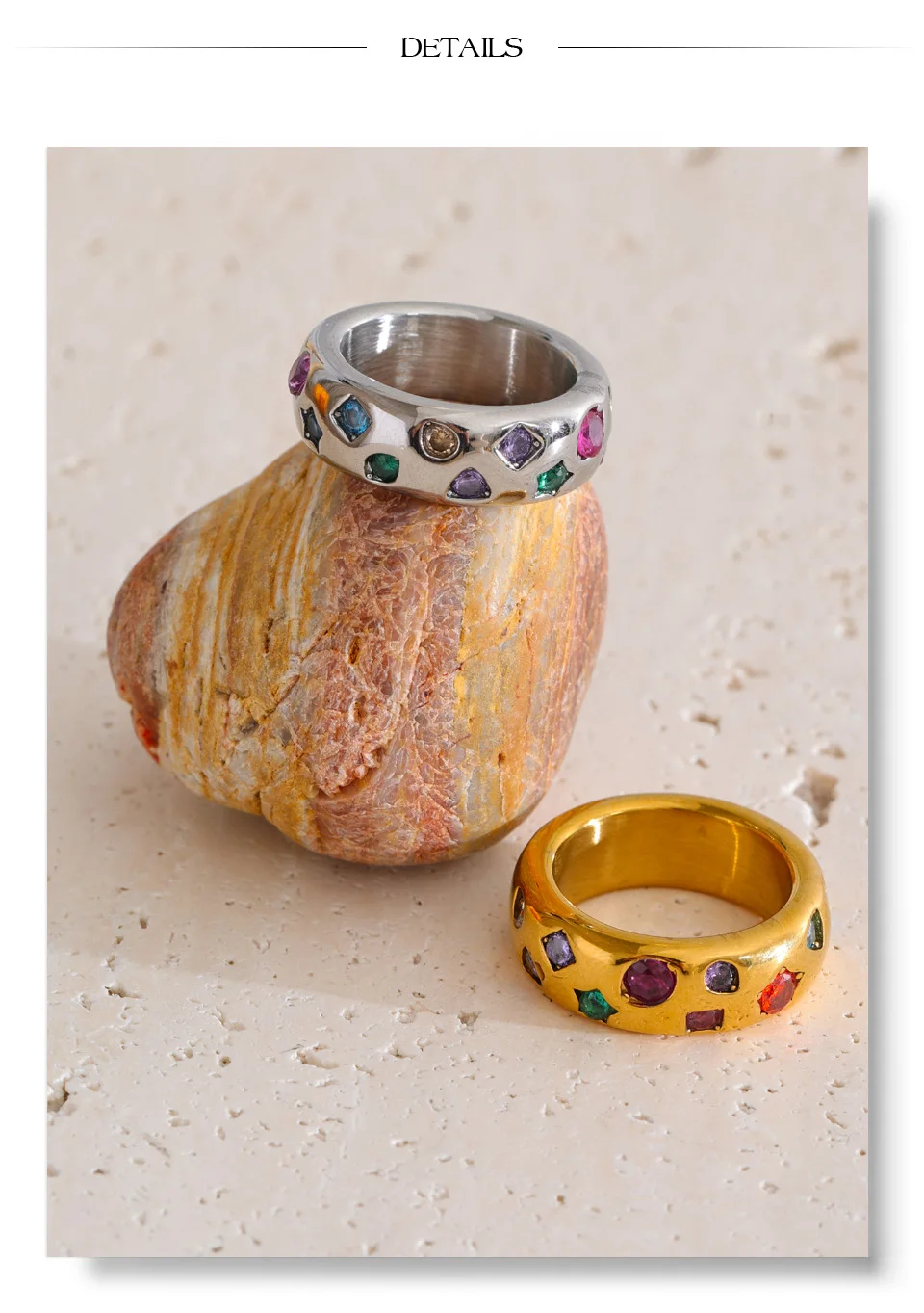 Yhpup Size 6789 Stainless Steel Colorful Cubic Zirconia Casting Ring High Quality Fashion Metal Delicate Stylish Popular Jewelry