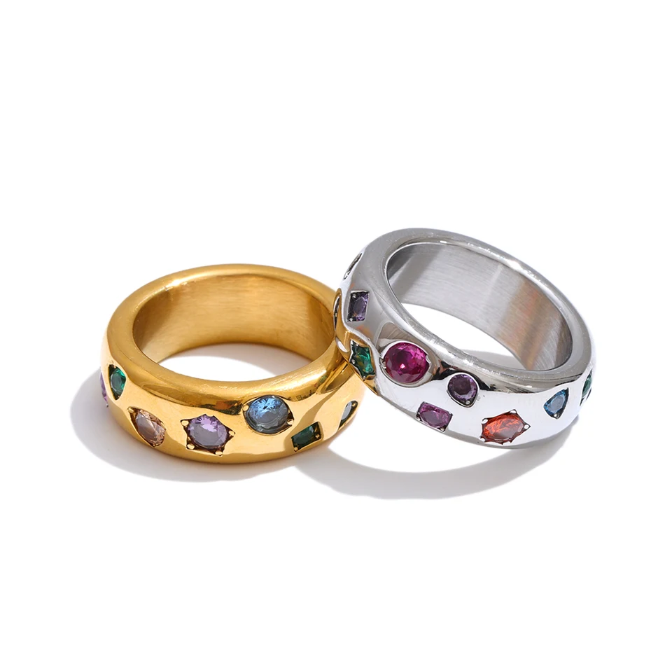 Yhpup Size 6789 Stainless Steel Colorful Cubic Zirconia Casting Ring High Quality Fashion Metal Delicate Stylish Popular Jewelry