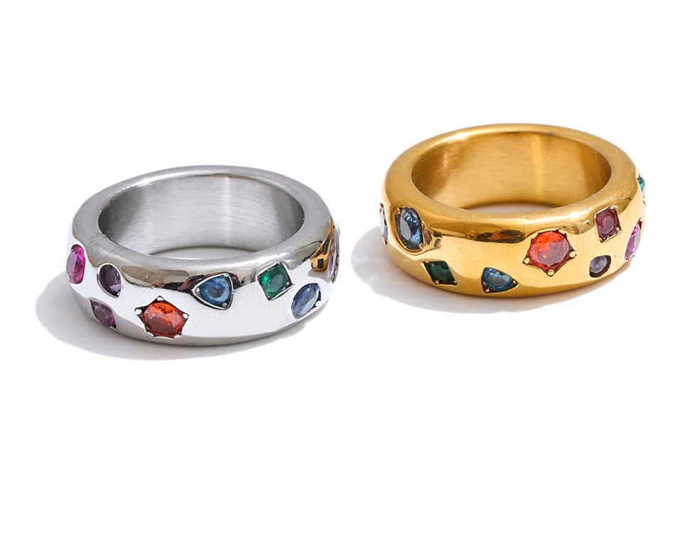 Yhpup Size 6789 Stainless Steel Colorful Cubic Zirconia Casting Ring High Quality Fashion Metal Delicate Stylish Popular Jewelry