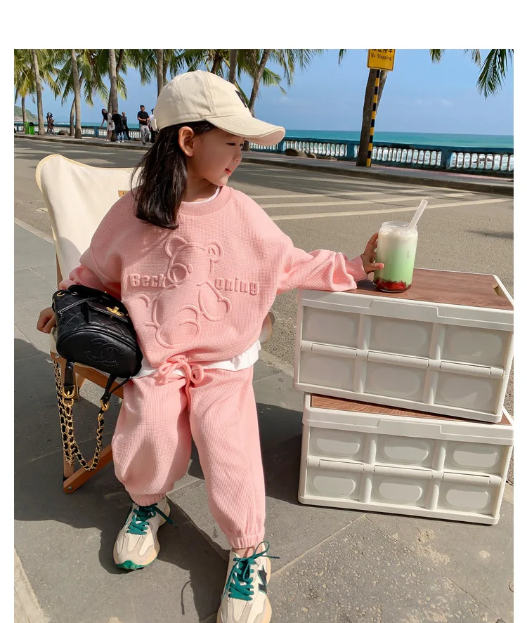 3-8 Years Girls Casual Clothing Set Spring Autumn New Cartoon Bear Print Long Sleeved Sweatershirt+Pants 2Pcs Sports Outfit