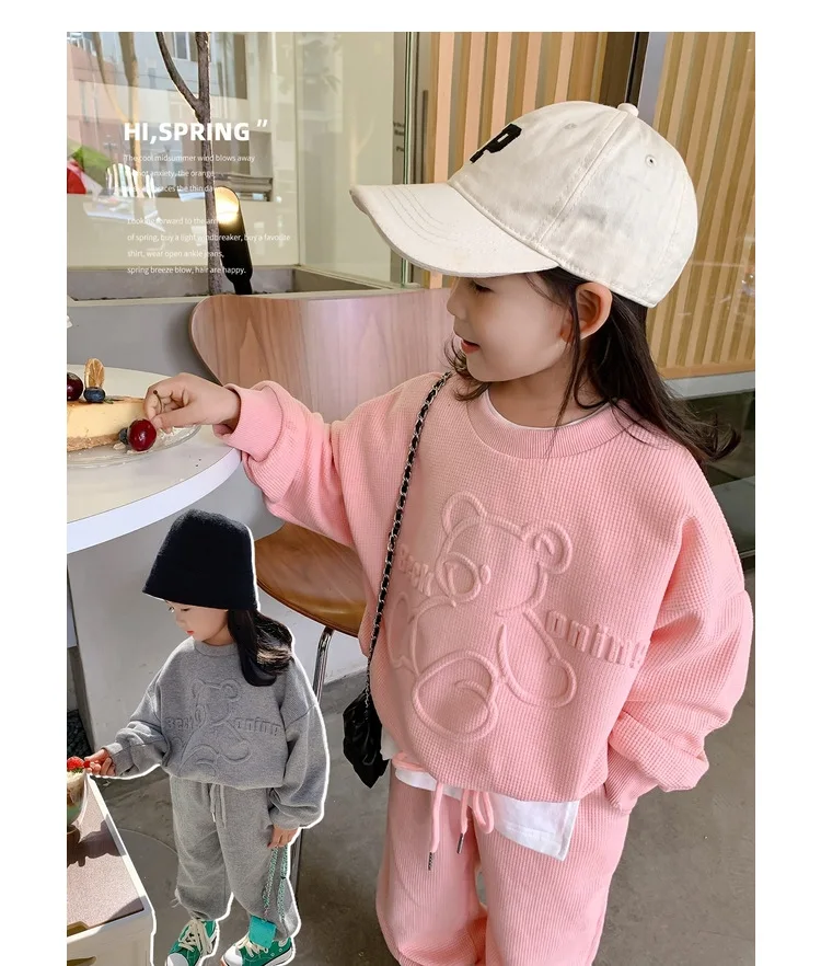 3-8 Years Girls Casual Clothing Set Spring Autumn New Cartoon Bear Print Long Sleeved Sweatershirt+Pants 2Pcs Sports Outfit