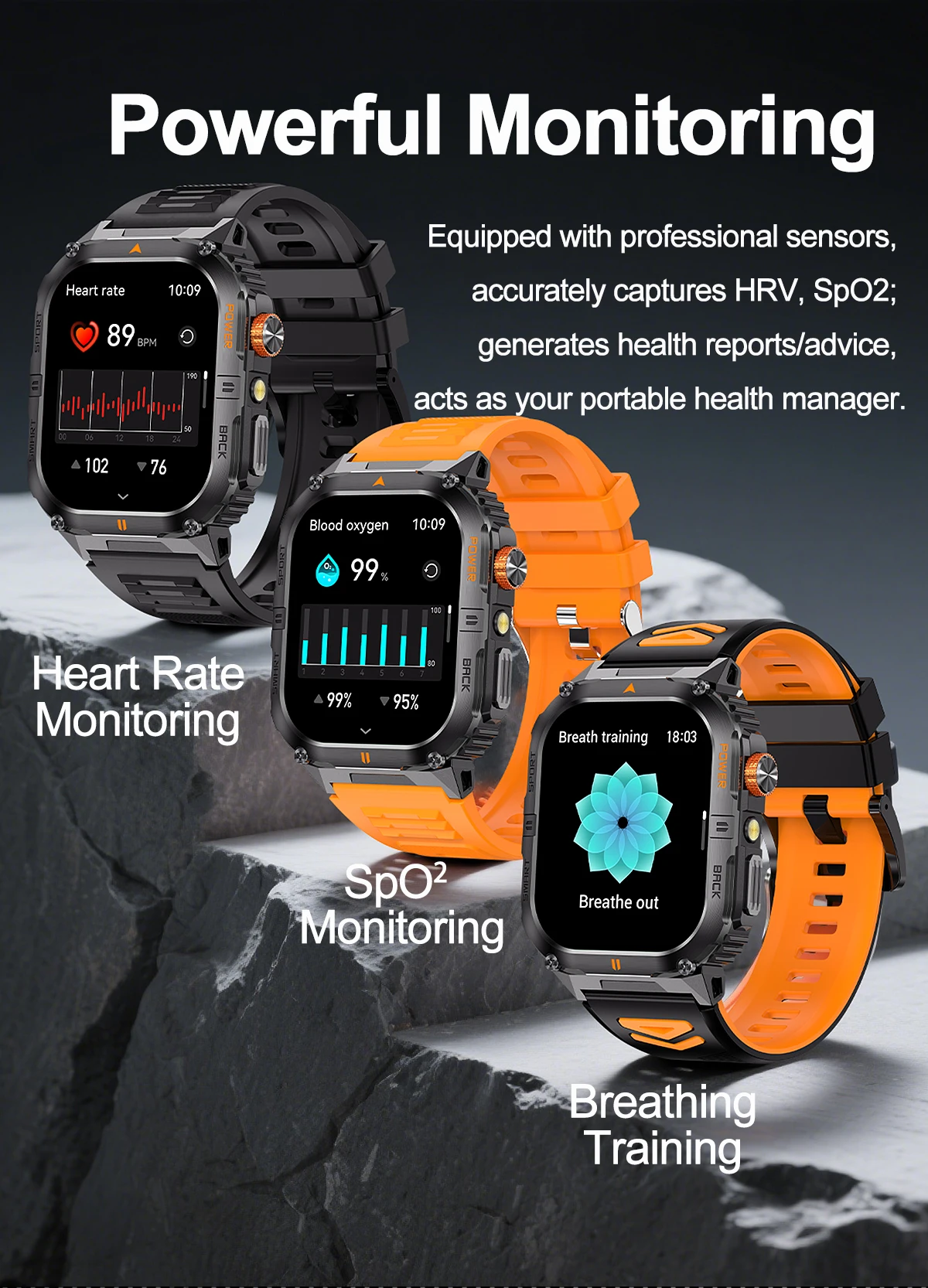 2026 1000mAh military outdoor smartwatch 2.01 inches LED flashlight IP68 waterproof Heart rate sleep Bluetooth call sport watch
