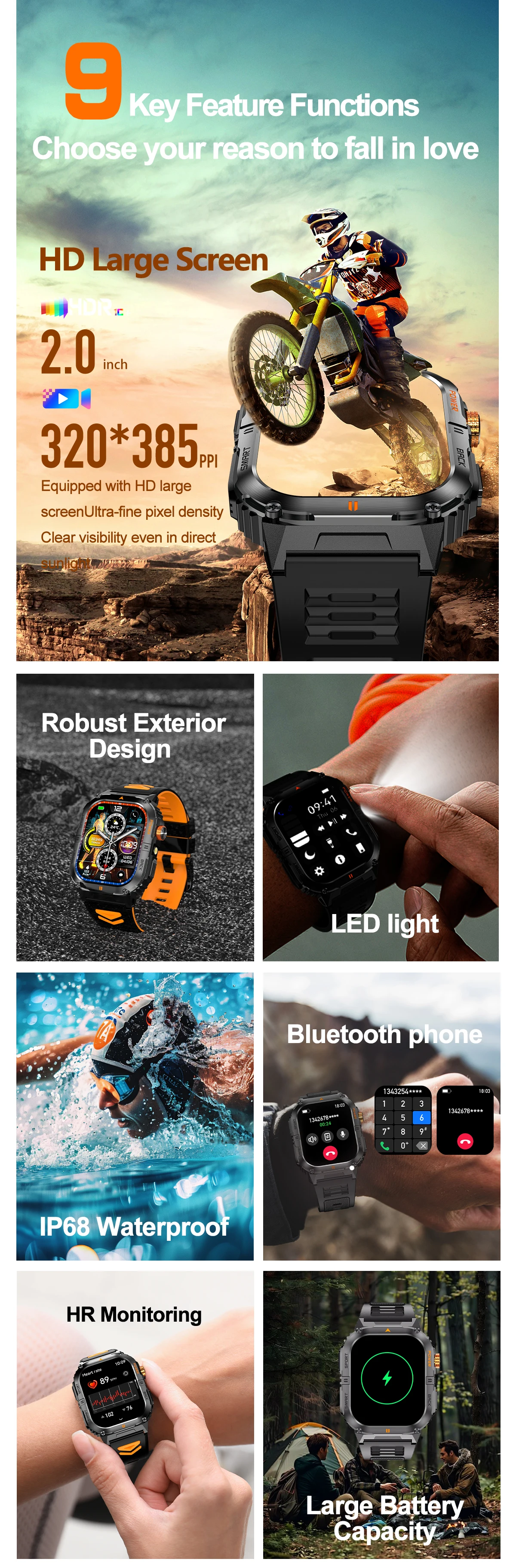 2026 1000mAh military outdoor smartwatch 2.01 inches LED flashlight IP68 waterproof Heart rate sleep Bluetooth call sport watch