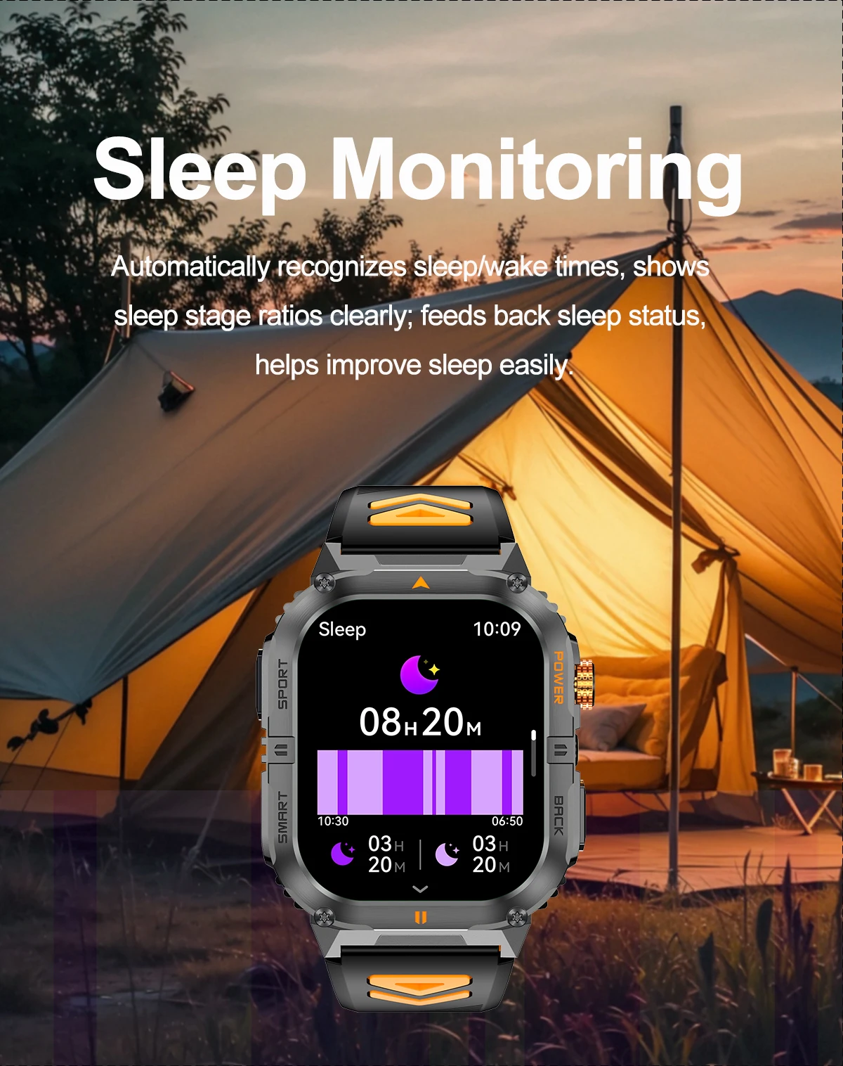 2026 1000mAh military outdoor smartwatch 2.01 inches LED flashlight IP68 waterproof Heart rate sleep Bluetooth call sport watch