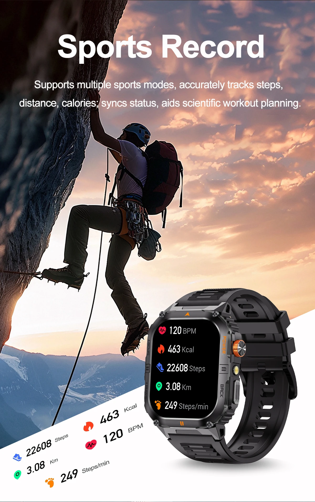 2026 1000mAh military outdoor smartwatch 2.01 inches LED flashlight IP68 waterproof Heart rate sleep Bluetooth call sport watch