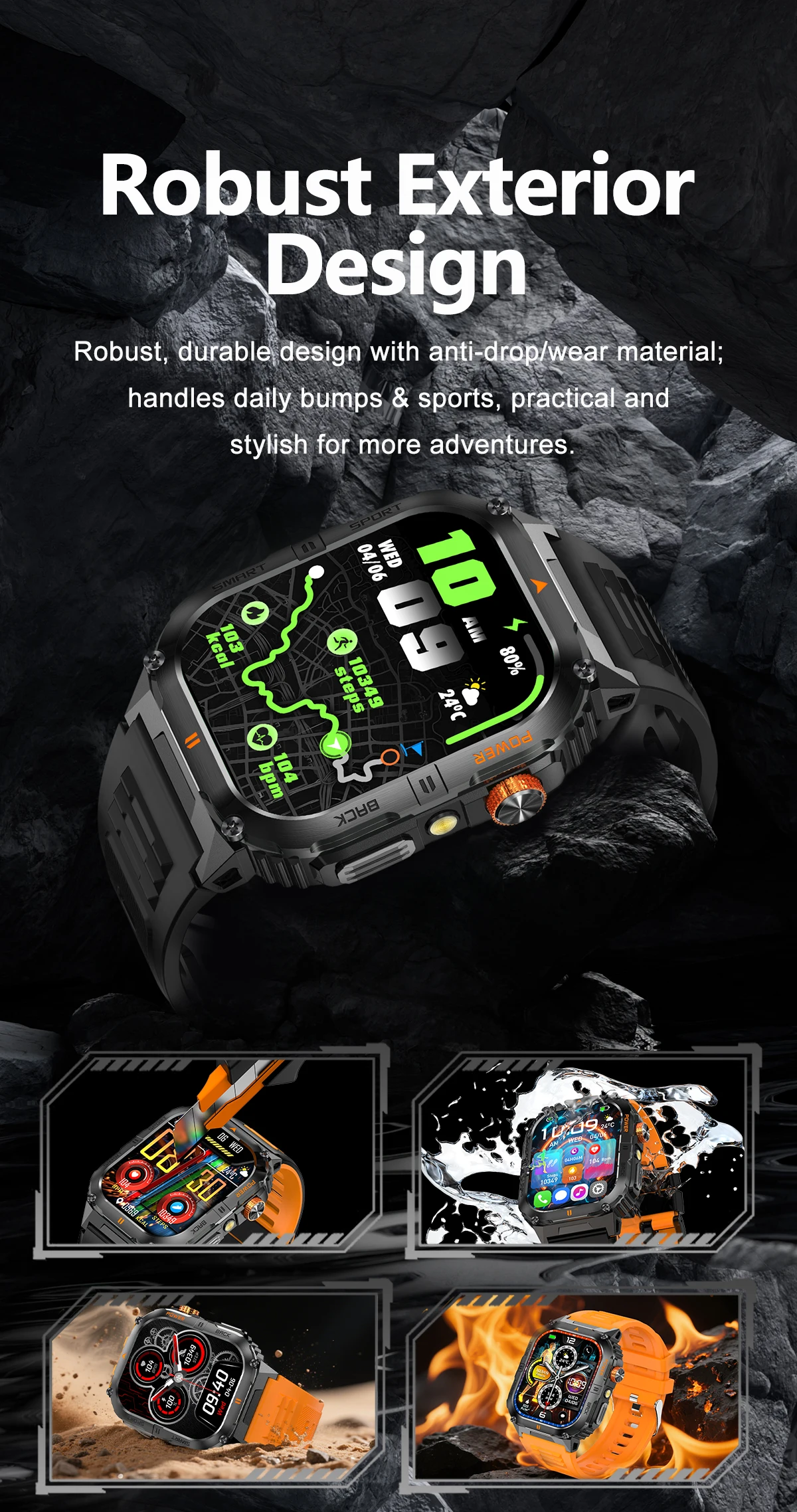 2026 1000mAh military outdoor smartwatch 2.01 inches LED flashlight IP68 waterproof Heart rate sleep Bluetooth call sport watch