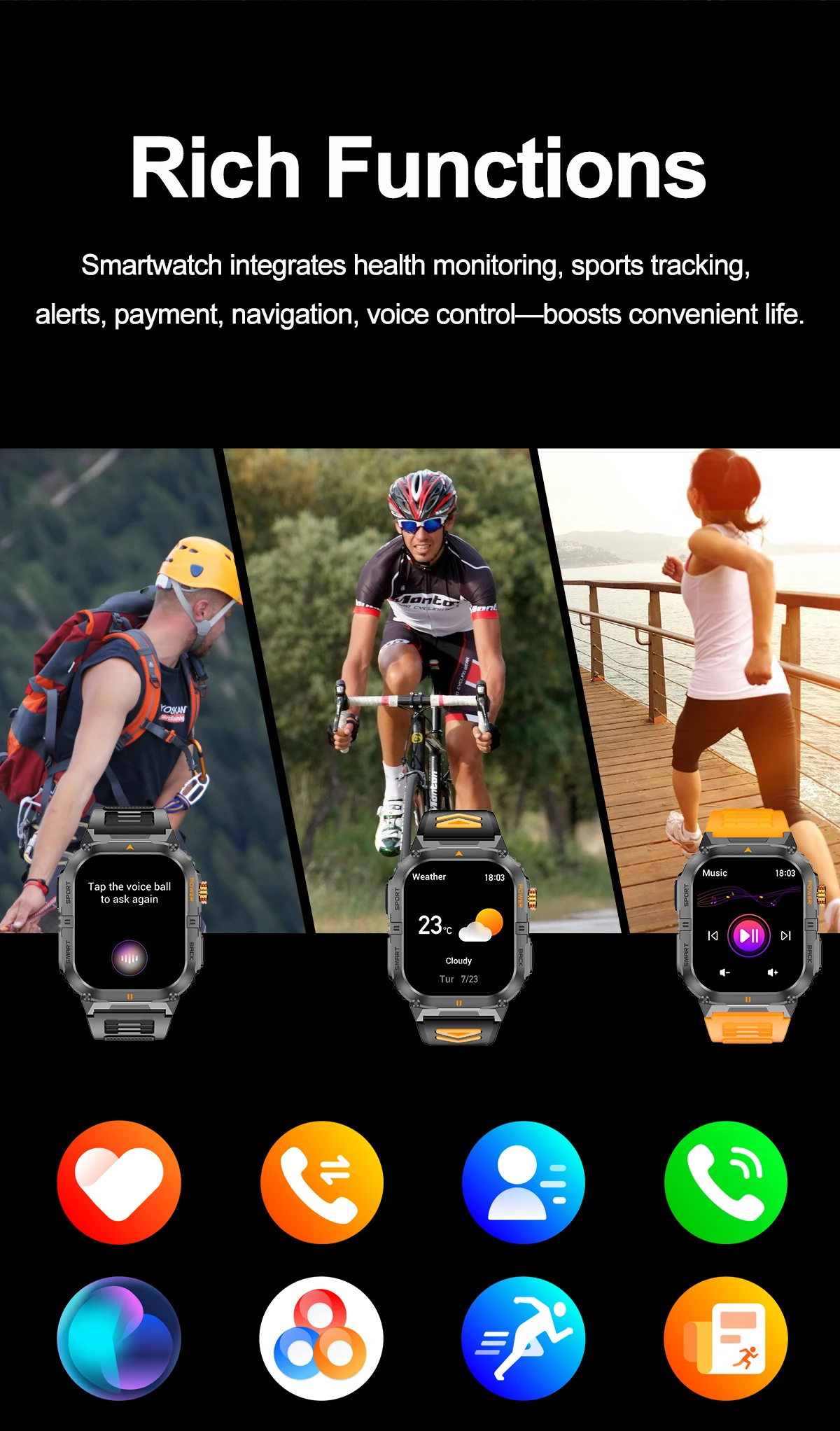 2026 1000mAh military outdoor smartwatch 2.01 inches LED flashlight IP68 waterproof Heart rate sleep Bluetooth call sport watch