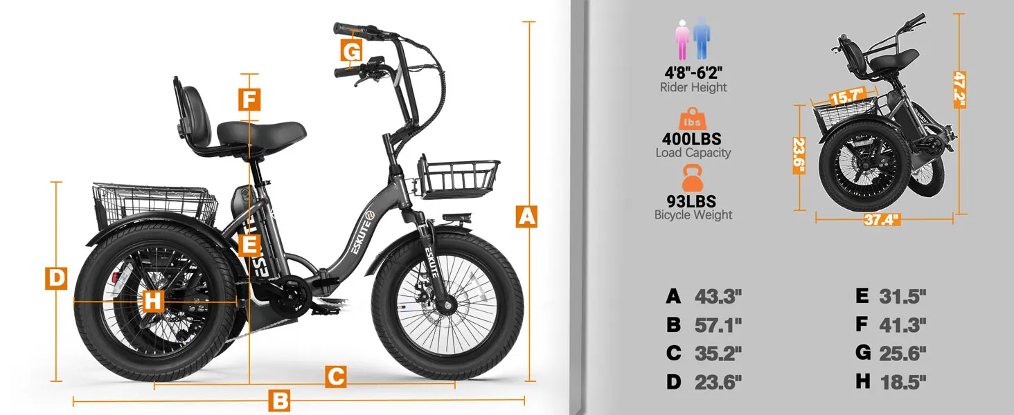 ESKUTE T300 E Trike Electric Bike, Peak Brushless Motor Folding Trike 18X3.0 Fat Tire Ebike, 624Wh Removable Battery, Step-Thru 3 Wheel Electric Bicycle, Up to 65 Miles, 18MPH+ Tricycle for Adults