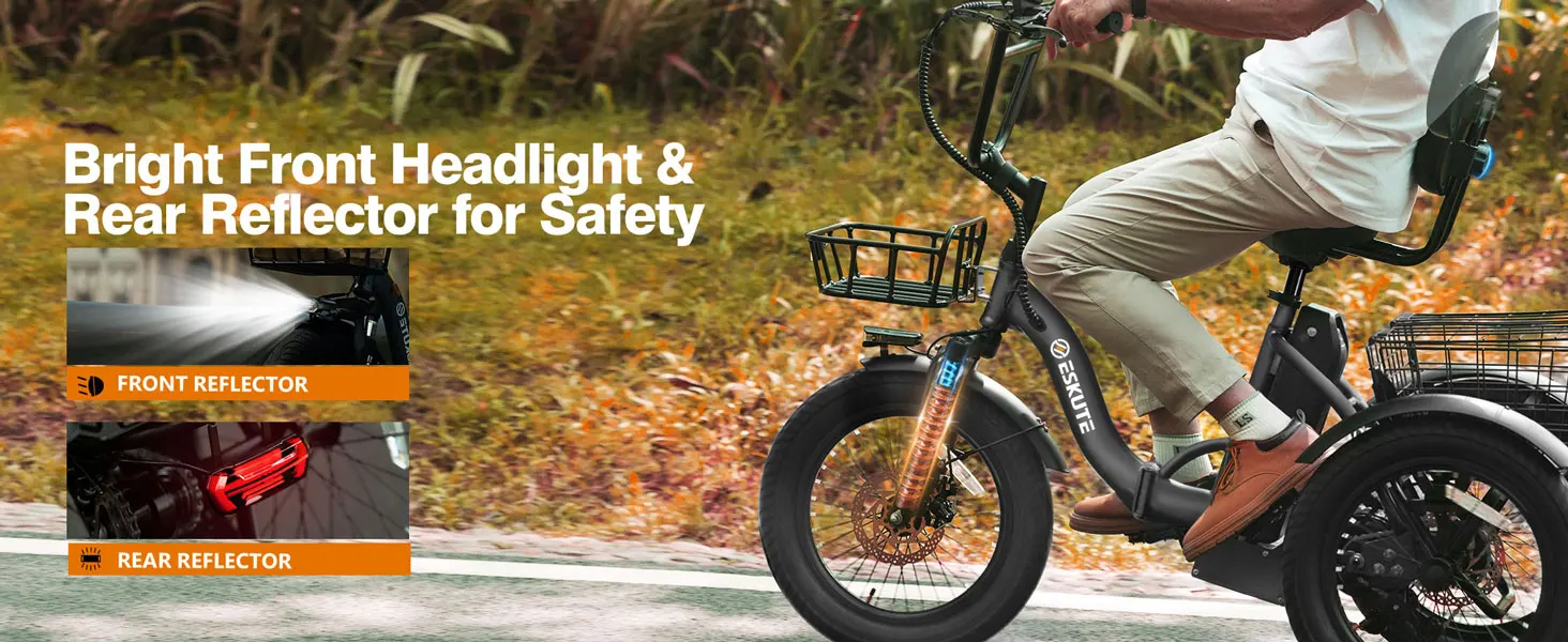 ESKUTE T300 E Trike Electric Bike, Peak Brushless Motor Folding Trike 18X3.0 Fat Tire Ebike, 624Wh Removable Battery, Step-Thru 3 Wheel Electric Bicycle, Up to 65 Miles, 18MPH+ Tricycle for Adults