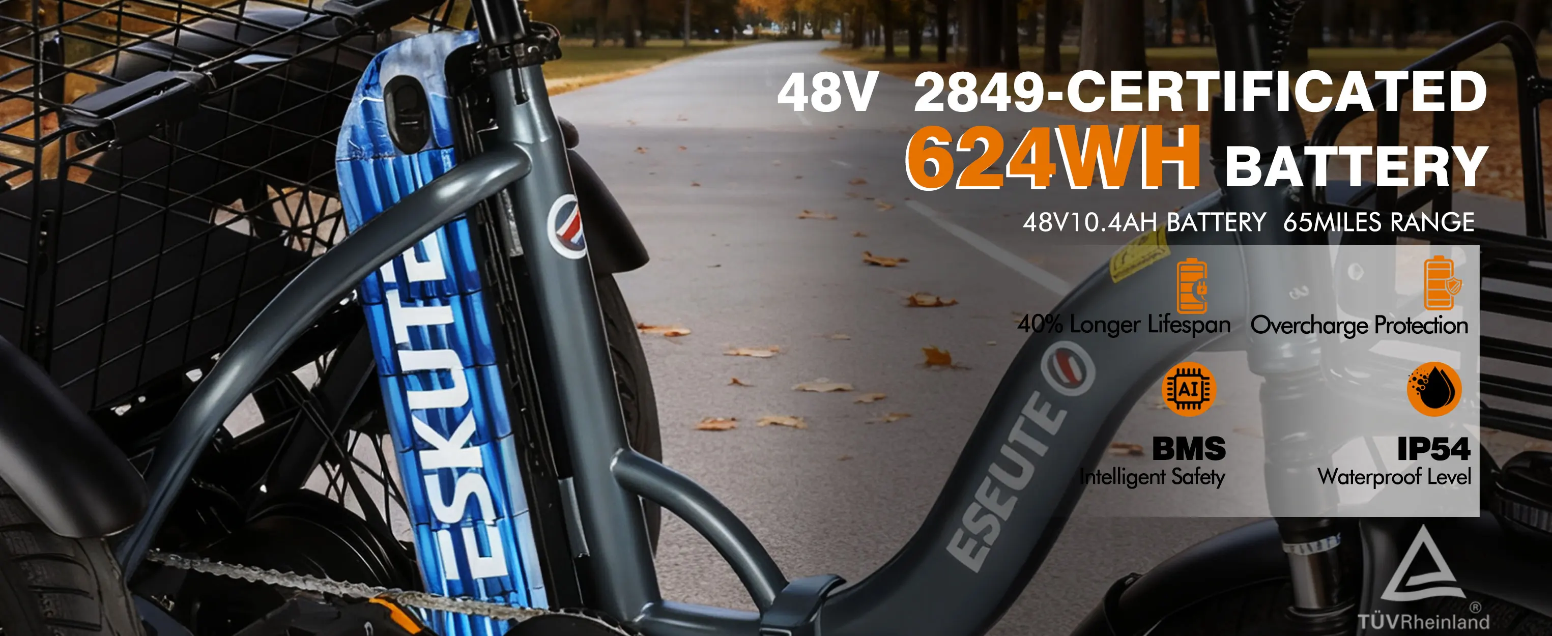 ESKUTE T300 E Trike Electric Bike, Peak Brushless Motor Folding Trike 18X3.0 Fat Tire Ebike, 624Wh Removable Battery, Step-Thru 3 Wheel Electric Bicycle, Up to 65 Miles, 18MPH+ Tricycle for Adults
