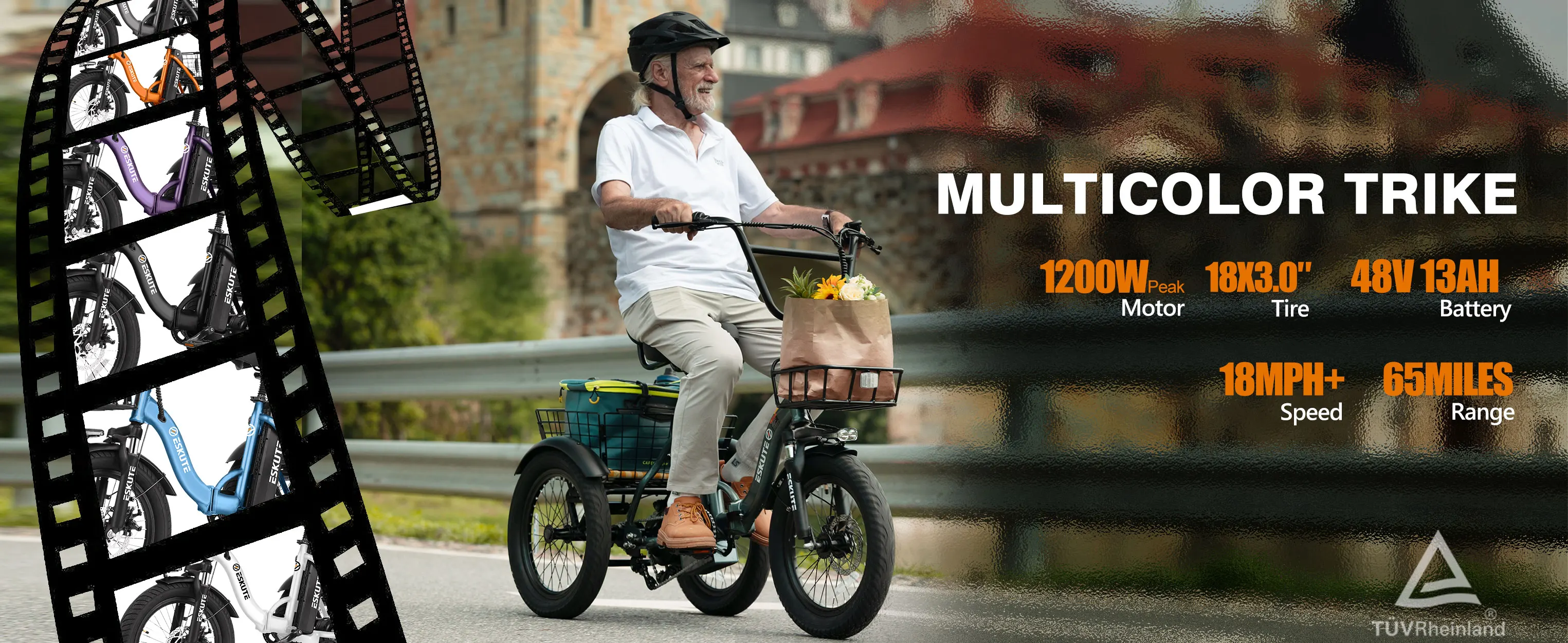 ESKUTE T300 E Trike Electric Bike, Peak Brushless Motor Folding Trike 18X3.0 Fat Tire Ebike, 624Wh Removable Battery, Step-Thru 3 Wheel Electric Bicycle, Up to 65 Miles, 18MPH+ Tricycle for Adults
