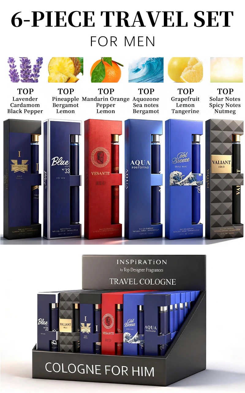 6-Piece Travel Set, Men's and Women's Eau De Toilette Spray, Long-Lasting Fragrance, 6 Different Flavors, Perfect for Holiday Gift