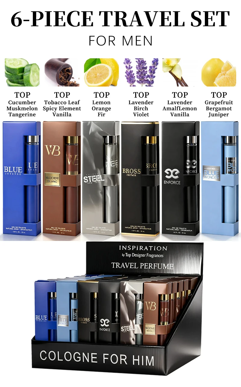 6-Piece Travel Set, Men's and Women's Eau De Toilette Spray, Long-Lasting Fragrance, 6 Different Flavors, Perfect for Holiday Gift