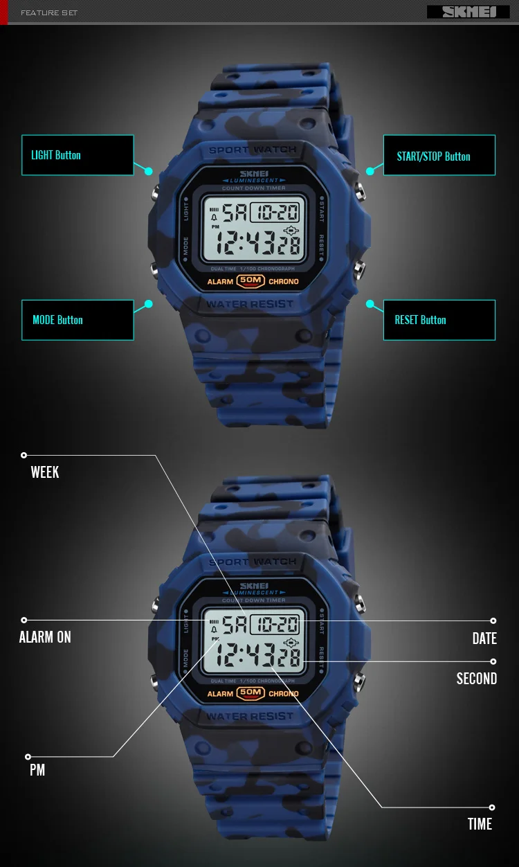 SKMEI 1628 Military Digital Watch for Men Retro Sport Waterproof Mens Electronic Wristwatch LED Display Clock 1988 Reloj Hombre