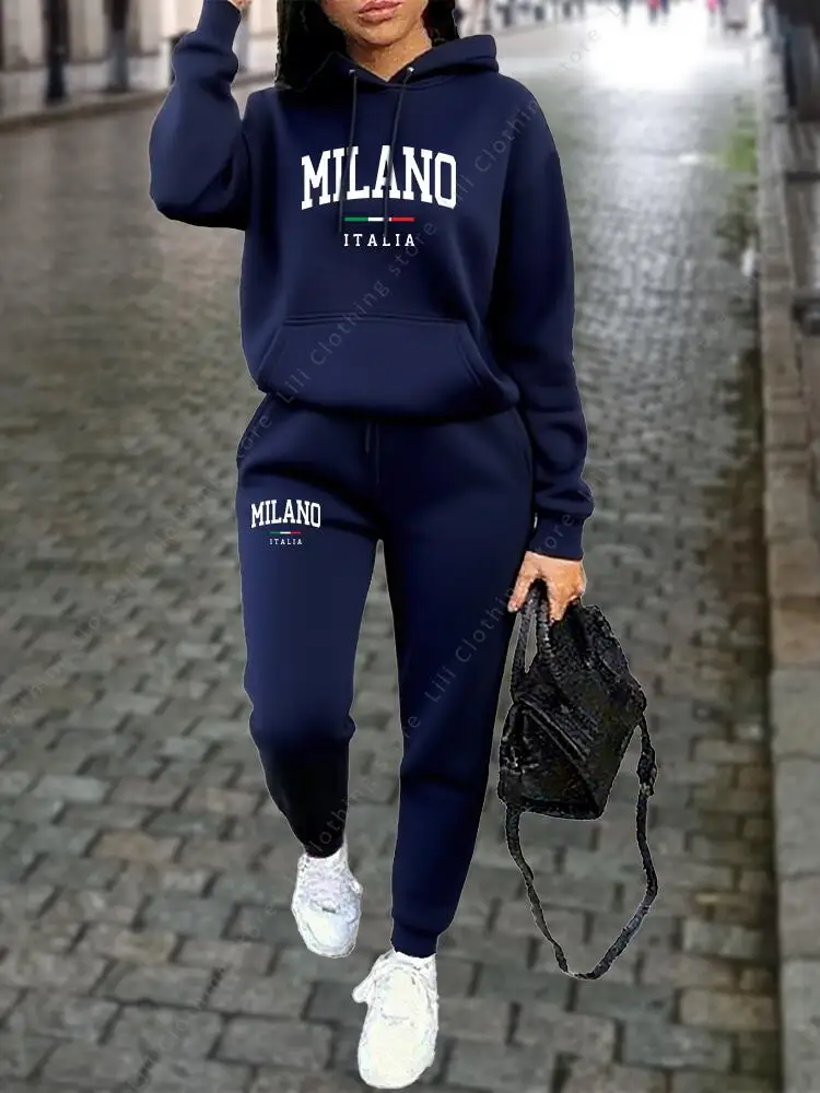MILANO Pants Sets for Women Clothing High quality Sweatshirt Sweatpant Hoodie Suit 2 Piece Autumn Winter Outfits Woman Tracksuit