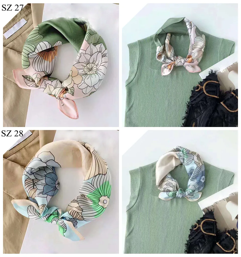 Silk Scarf Women Luxury Bandana Top Handkerchief For Hair Headscarf Flower Printed Women's Bag 100% Silk Bandanas Stole Scarves