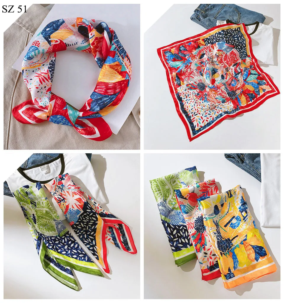 Silk Scarf Women Luxury Bandana Top Handkerchief For Hair Headscarf Flower Printed Women's Bag 100% Silk Bandanas Stole Scarves