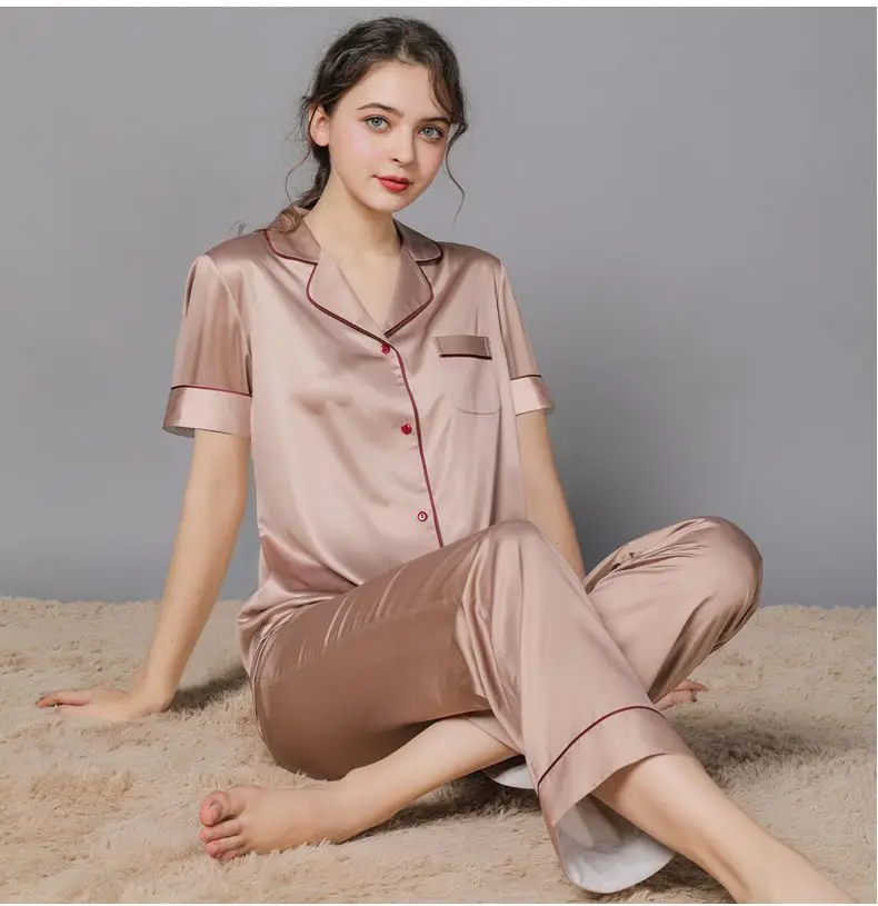 Women 2 Pieces Mulberry Silk Pajama Set Long Sleeve Top & Pants Ice Silk Loungewear Luxury Sleepwear Spring Autumn Casual Home C