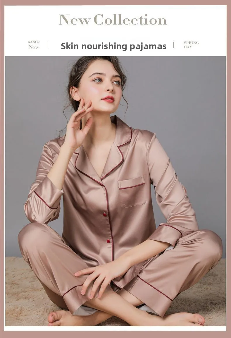 Women 2 Pieces Mulberry Silk Pajama Set Long Sleeve Top & Pants Ice Silk Loungewear Luxury Sleepwear Spring Autumn Casual Home C