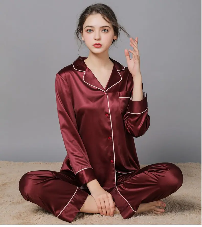 Women 2 Pieces Mulberry Silk Pajama Set Long Sleeve Top & Pants Ice Silk Loungewear Luxury Sleepwear Spring Autumn Casual Home C