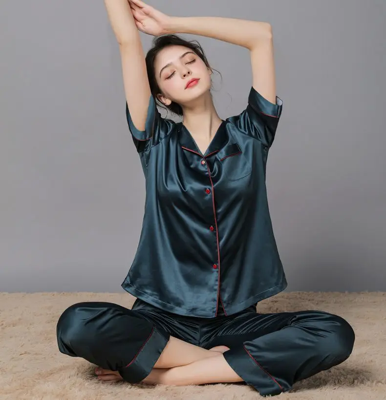 Women 2 Pieces Mulberry Silk Pajama Set Long Sleeve Top & Pants Ice Silk Loungewear Luxury Sleepwear Spring Autumn Casual Home C