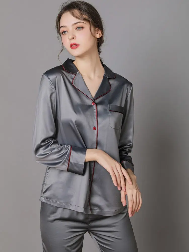 Women 2 Pieces Mulberry Silk Pajama Set Long Sleeve Top & Pants Ice Silk Loungewear Luxury Sleepwear Spring Autumn Casual Home C