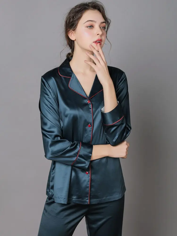 Women 2 Pieces Mulberry Silk Pajama Set Long Sleeve Top & Pants Ice Silk Loungewear Luxury Sleepwear Spring Autumn Casual Home C