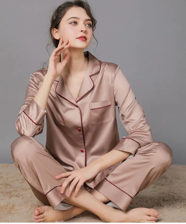 Women 2 Pieces Mulberry Silk Pajama Set Long Sleeve Top & Pants Ice Silk Loungewear Luxury Sleepwear Spring Autumn Casual Home C