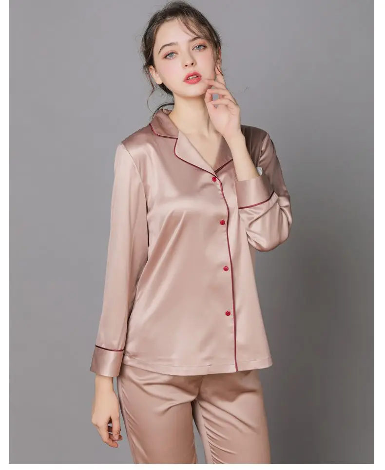 Women 2 Pieces Mulberry Silk Pajama Set Long Sleeve Top & Pants Ice Silk Loungewear Luxury Sleepwear Spring Autumn Casual Home C