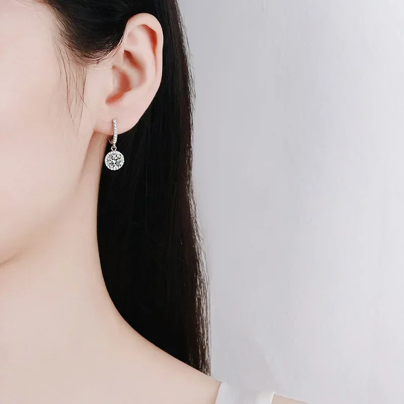 925 Sterling Silver 1 Carat Moissanite Round Earrings for Women Luxury Evening Style