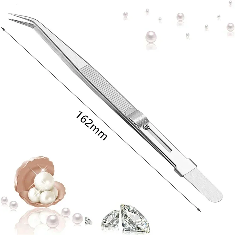 Professional Stainless Steel Tweezers Adjustable with Buckle Slide Lock Antistatic for Diamond Gem Jewelry Making Precision Tool