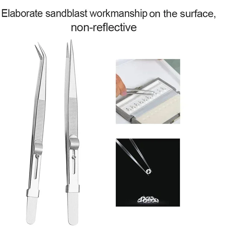 Professional Stainless Steel Tweezers Adjustable with Buckle Slide Lock Antistatic for Diamond Gem Jewelry Making Precision Tool